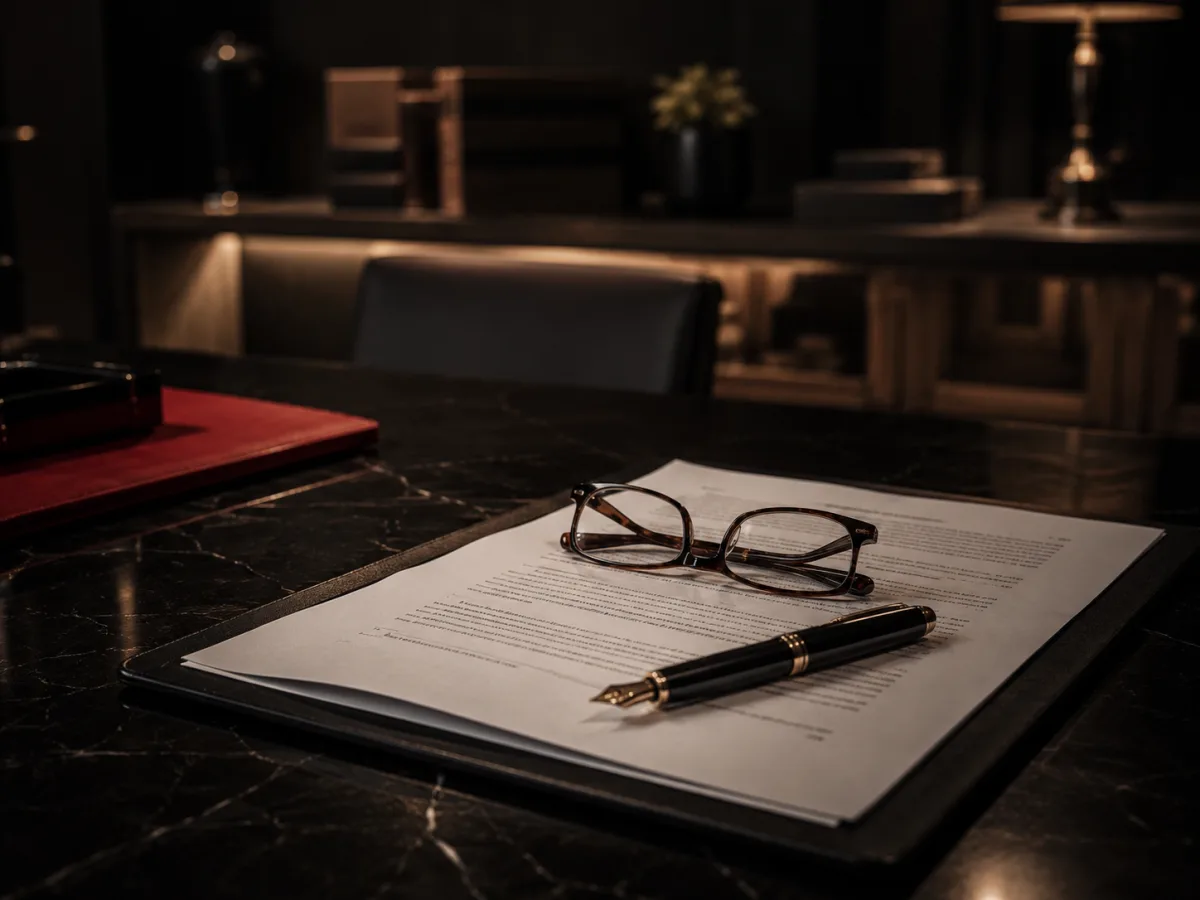 Documento jurídico com caneta-tinteiro e óculos sobre mesa escura de escritório